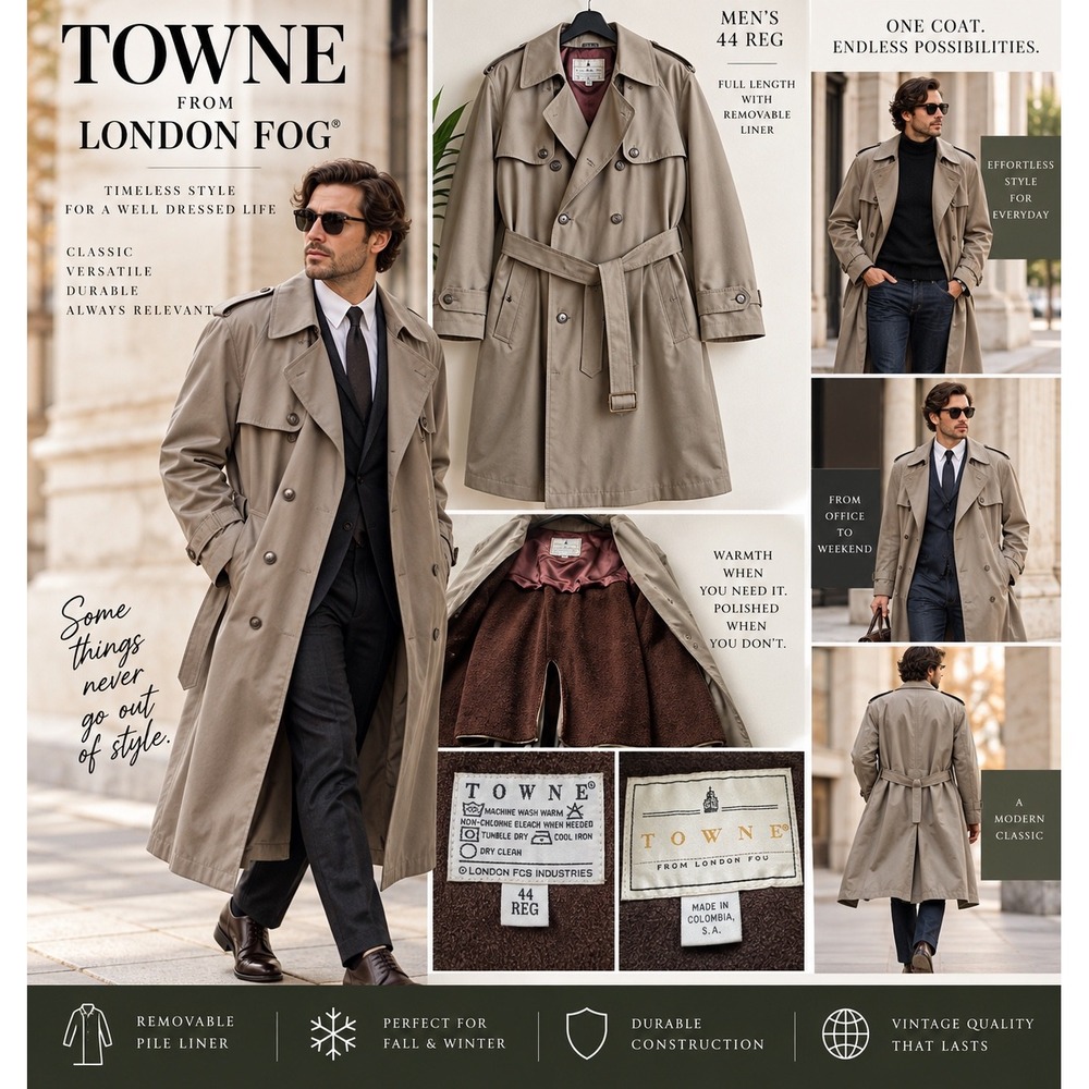 Vintage London Fog Towne Mens 44R Trench Coat Belted Removable Liner Khaki Tan
